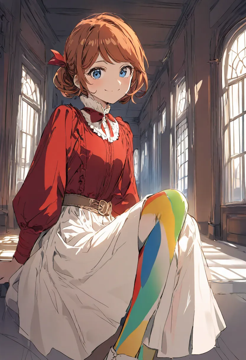 1girl, smile, short girl, dark orange hair, two tails, red shirt, white skirt, skirt just above the knee, rainbow knee-length leggings, blue eyes, Victorian era, novel style, look at viewer, hallway of mansion is background, semi-darkness.