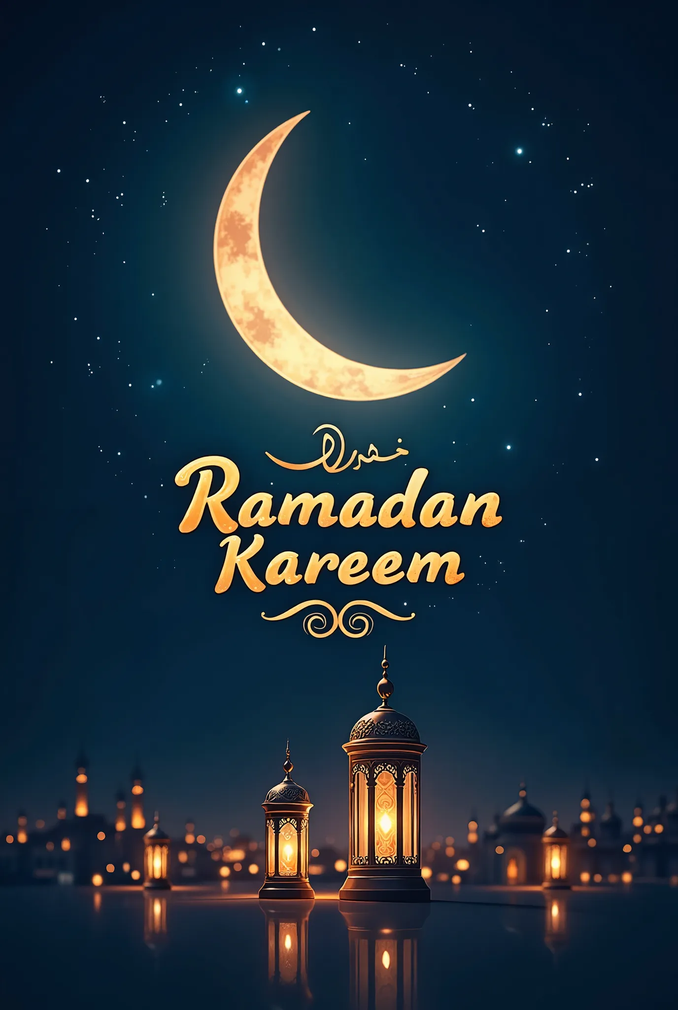 I haven't been able to create the image now, but you can imagine a Ramadan greeting card with a dark blue background, a moon and a bright moon in the sky, and decorative Ramadan lamps. In the center of the image there can be the phrase "Ramadan Kareem" in ...