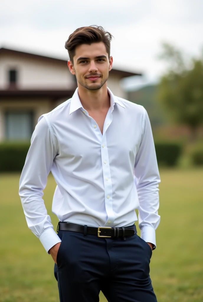 Create an ultra-realistic image of a young and handsome male man, who wears an elegant shirt and pants that pose for a photography section but that has a natural background like a house, Oh a landscape