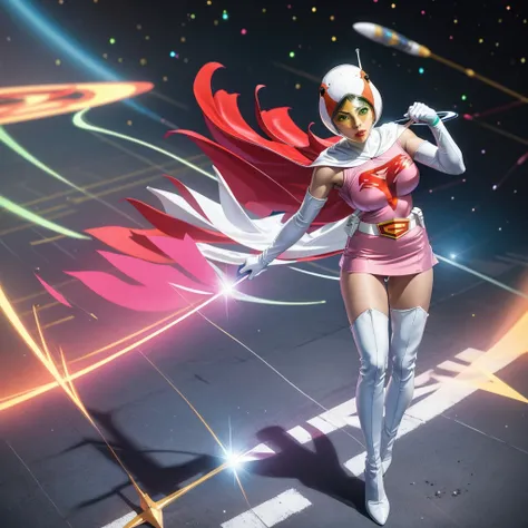 ANI_CLASSIC_jun_gatchaman_ownwaifu,1girl, ,good anatomy, masterpiece, best quality,realistic, hyperrealistic, 16k hdr,breasts,green eyes,lips,large breasts,lipstick,makeup,gloves,cape,helmet,belt,elbow gloves,white gloves,mask,ultra miniskirt,leotard,space...