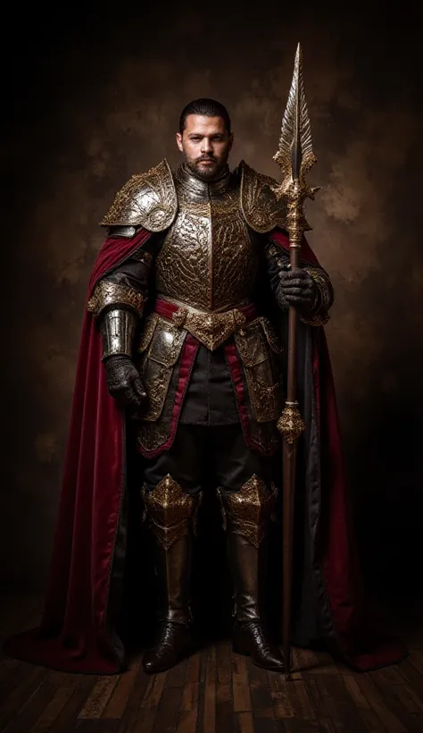 A full-body portrait of a medieval prince-knight in ornate armor, exuding power and nobility. His armor is richly decorated with intricate engravings, a polished breastplate, and golden accents. A deep red cape with embroidered edges drapes over his should...