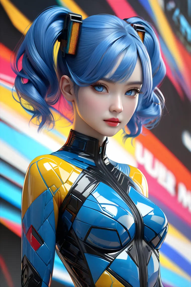 surrealist abstraction、one girlの8kオクタン、、one girl、Blue Hair and Blue Twin Tails、Detailed Blue Eyes and Shiny Lips、cool expression、accurate human body shape based on anatomy、Ultra Realistic Textured Skin、The entire painting is expressed in abstract cubis. Bo...