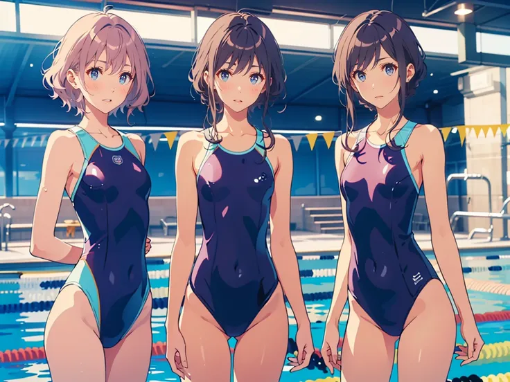 (cowboy shot)、(flat chest:1.5),　 Michiru Hyoudou , (skinny legs:1.5), break, (( standing picture:1.5)),(3 girls:1.3),( Aquatics:1.5)
