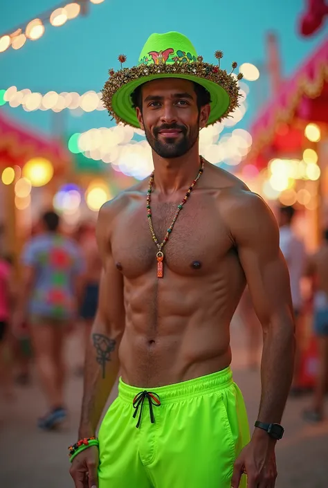 A man in neon green shorts, A carnival-themed green regatta