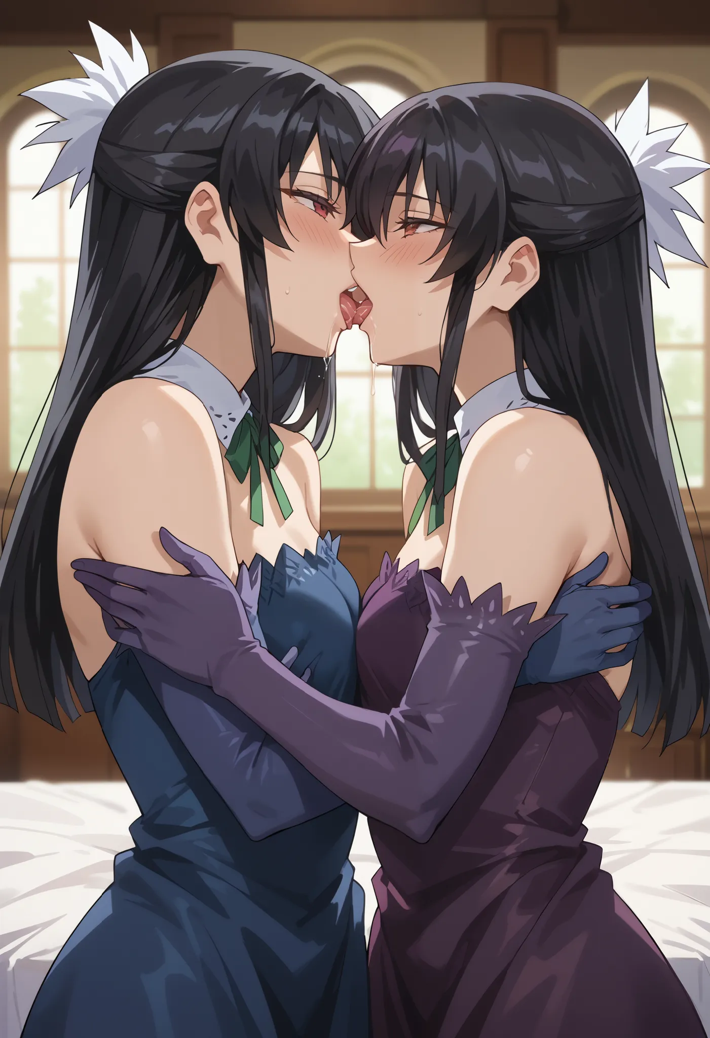 score_9, score_8_up, score_7_up, source_anime, rating_explicit, indoors, bedroom, mansion, cowboy shot, vongielentwin, 2girls, twins, black hair, long hair, red eyes, narrowed eyes, (1girl, purple dress, green ribbon, purple long gloves, hair ornament on t...