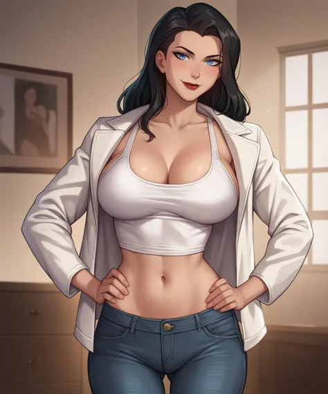 safe_pos, PonyXLV6_Scores BREAK ((parody style, parody), perfect anatomy, perfect eyes, cowboy shot), BREAK zatanna, black hair, blue eyes, dark red lipstick, black makeup, ((looking at viewer)), white jeans, curvy, athletic, large breasts, standing, indoo...