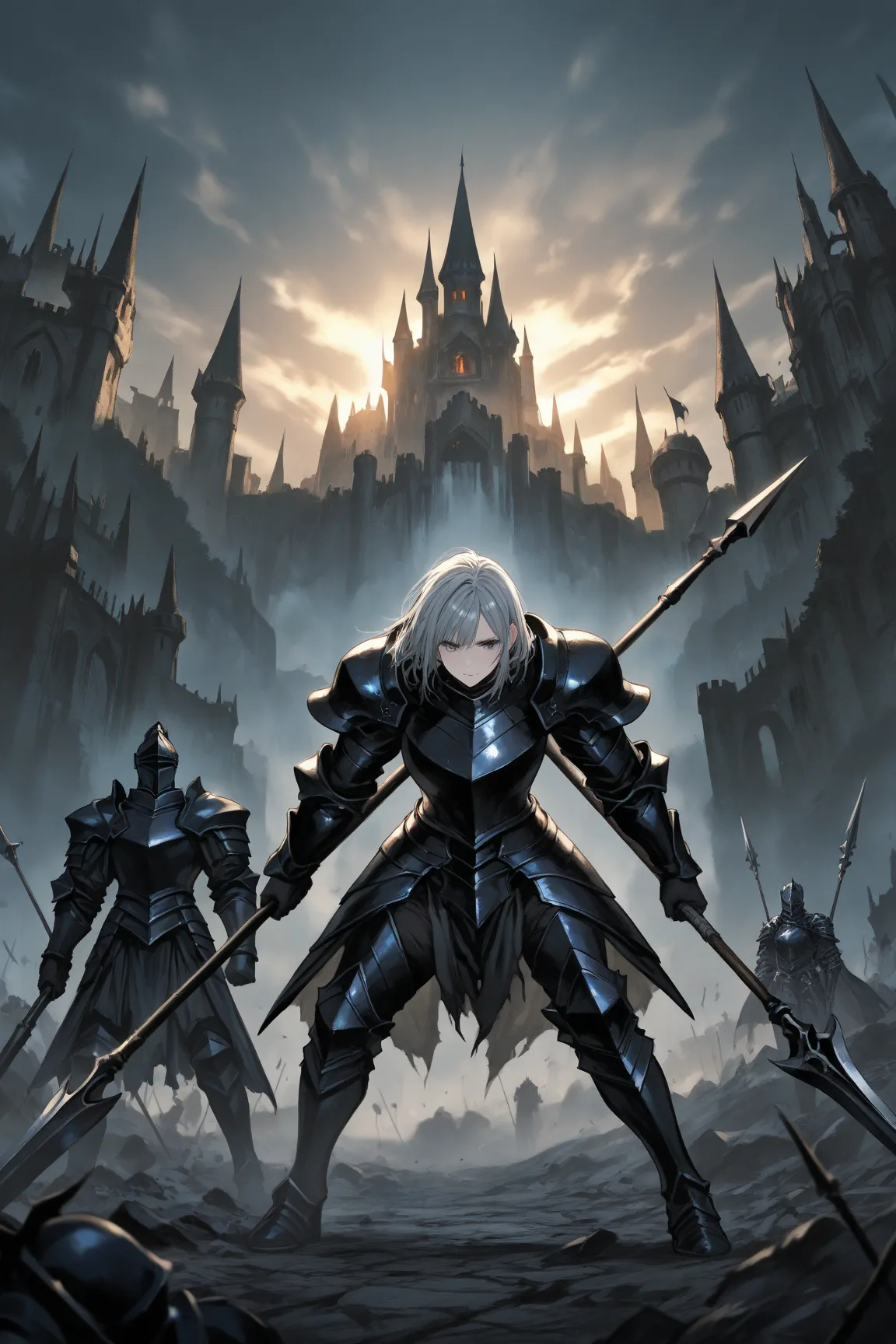  manga ,Gray Hair, Black Armor,Cool beauty,Ruined Castle,Black Knight,Long Spear