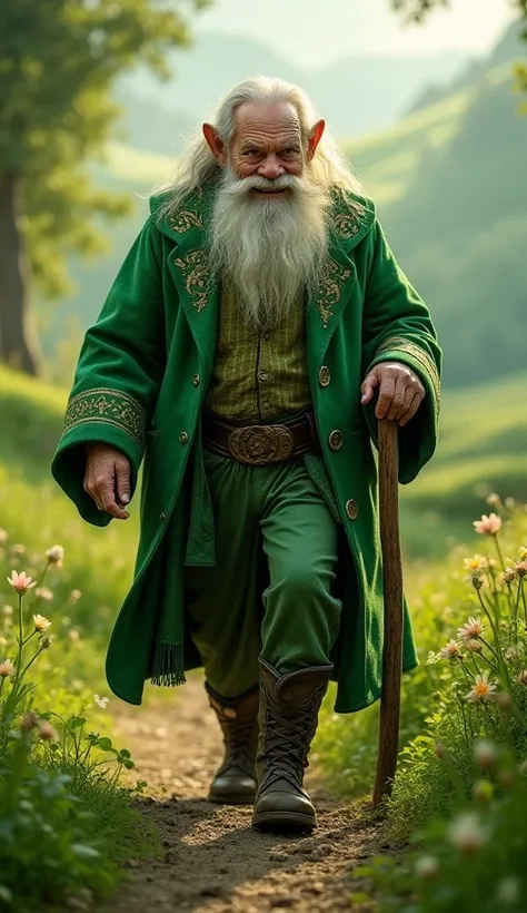 Marvel's green leprechaun without the mask, elderly version walking toward the full-body camera