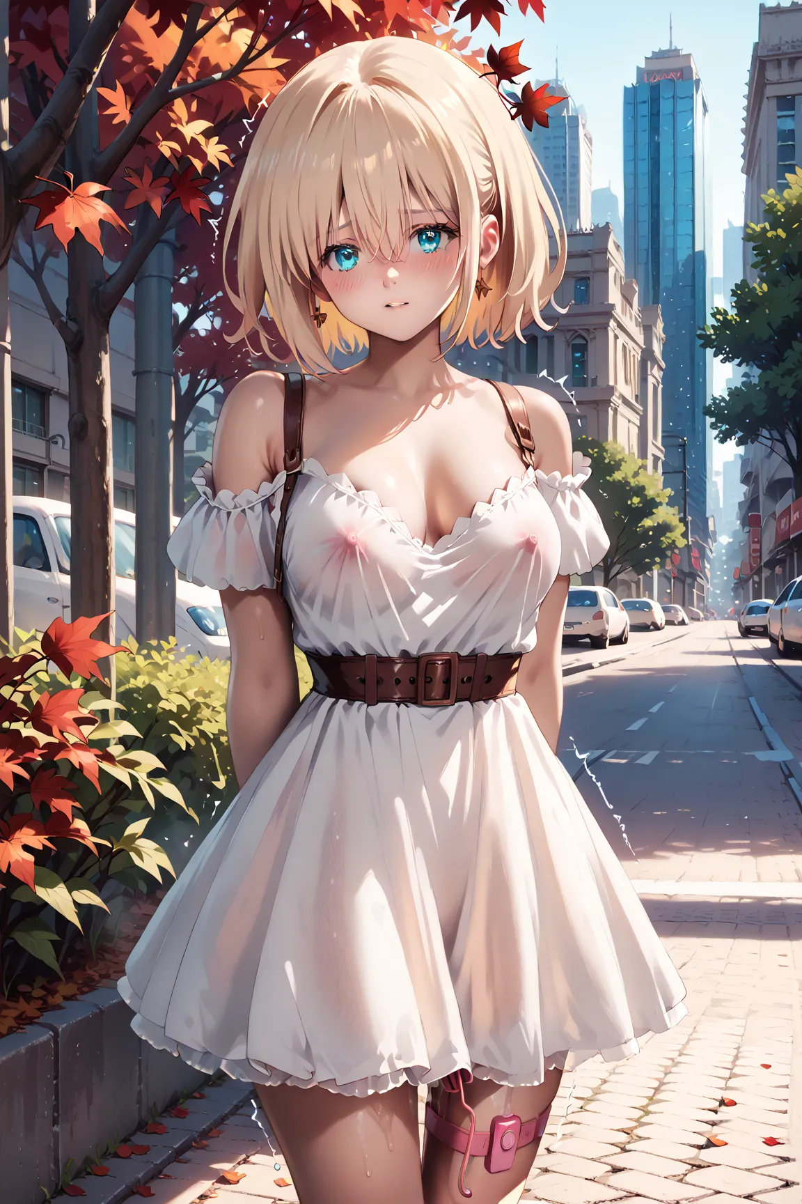 1 woman、 beautiful and well-groomed breasts 、 blonde short hair、rich contrast、 Extremely High Quality 、8k、Very delicate 1woman,light blue eyes,small eyes,bangs between eyes,medium breasts,
White dress,off shoulder dress,city,street,trees,maple tree,red lea...