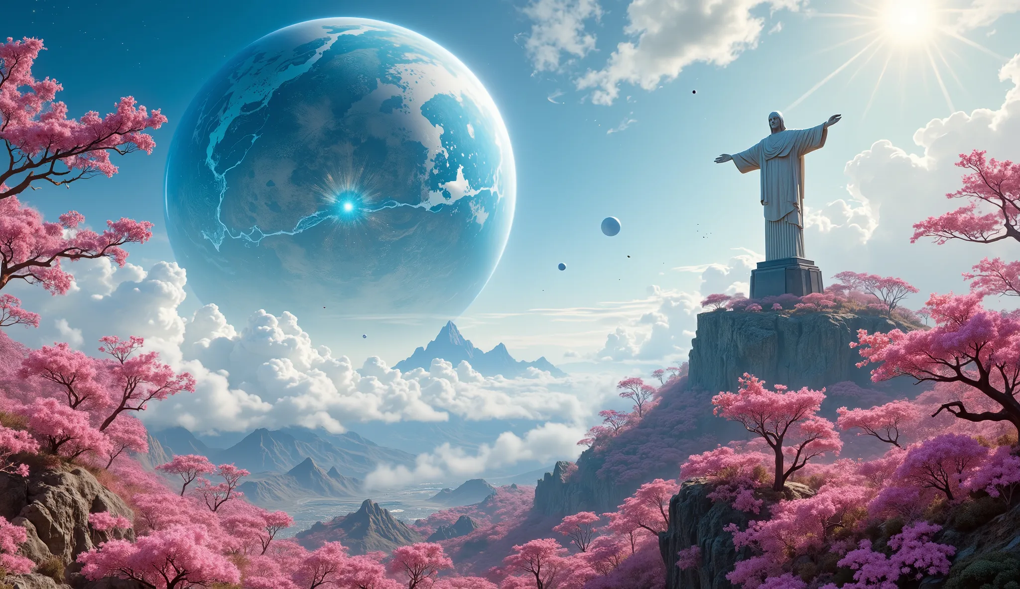 Masterpiece, The Christ the Redeemer of Rio de Janeiro (Brazil) granulate, a large cherry blossom forest,  clouds everywhere ,  A planet in the sky , la estatua de cristo redentor muy  Detailed, hermoso bosque de flor de cerezos de color granulate, clouds ...