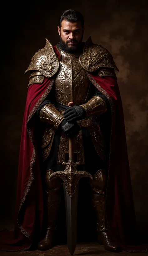 A full-body portrait of a medieval prince-knight in ornate armor, exuding power and nobility. His armor is richly decorated with intricate engravings, a polished breastplate, and golden accents. A deep red cape with embroidered edges drapes over his should...