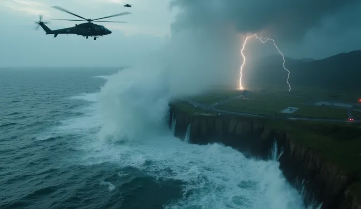 Scene: A massive tidal wave crashes against a military research base near the ocean as alarms blare. Helicopters scramble in the stormy sky.

Camera Angle: Aerial drone shot, capturing the overwhelming scale of destruction.

Effects: Heavy rain, lightning ...