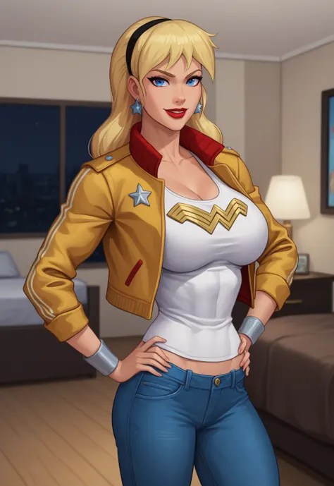 safe_pos, PonyXLV6_Scores BREAK (((parody style, parody:1.2)), perfect anatomy, cowboy shot) 1girl, blonde hair, blue eyes, ((looking at viewer)), hairband, gold bomber jacket, star earrings, gold jeans, curvy,  athletic, standing, hand on hip, indoors, be...