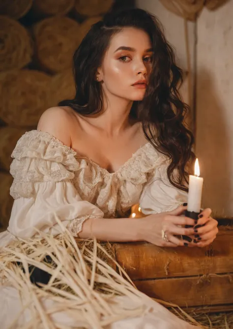 a woman in a off shoulder white dress holding a candle in front of a pile of hay, seductive lady, in a high renaissance style, haunting beautiful young woman, with long hair, black nail polish