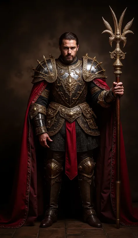 A full-body portrait of a medieval prince-knight in ornate armor, exuding power and nobility. His armor is richly decorated with intricate engravings, a polished breastplate, and golden accents. A deep red cape with embroidered edges drapes over his should...