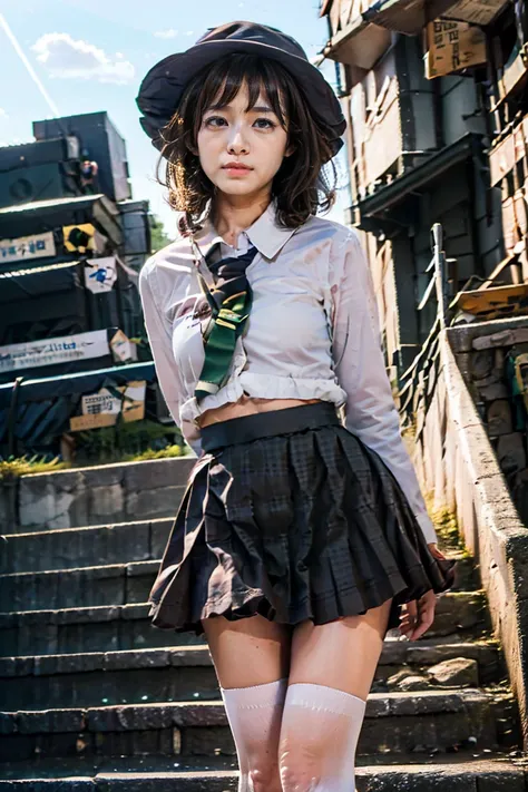 Your skirt is rolling up because of the、( masterpiece, top quality), 1 girl, hakase,  school hat,  kindergarten uniform ,  pussy、 detailed skin、 jacket, pleated skirt with index finger , knee highs, white legwear, Mary Jane 、 、Accurate underwear、 standing、