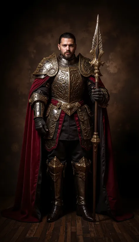 A full-body portrait of a medieval prince-knight in ornate armor, exuding power and nobility. His armor is richly decorated with intricate engravings, a polished breastplate, and golden accents. A deep red cape with embroidered edges drapes over his should...