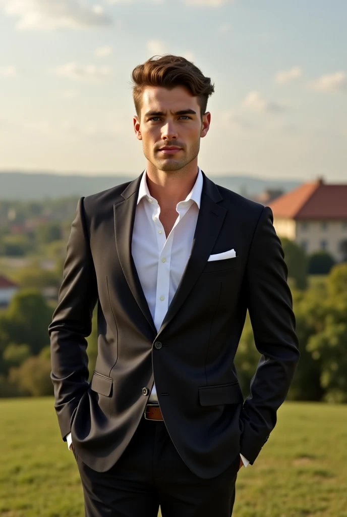 Create an ultra-realistic image of a young and handsome male man, who wears elegant clothes but not so much and characteristic of someone millionaire, following the Old Money style and who poses for a photography section but that has a natural background l...