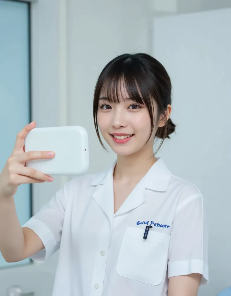 A photo of a young and beautiful Japanese female nurse taking a picture of herself with a smartphone. She is wearing a white nurse's uniform, standing in a hospital examination room and smiling gently. Ultra-high resolution, ultra-high quality photo.