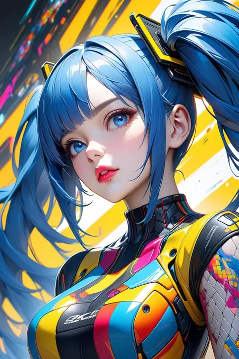 one girlのフラットカラーの抽象画、one girl、Blue Hair and Blue Twin Tails、Detailed Blue Eyes and Shiny Lips、cool expression、accurate human body shape based on anatomy、Ultra Realistic Textured Skin、The entire painting is expressed with an abstract pattern. Bold and dynam...