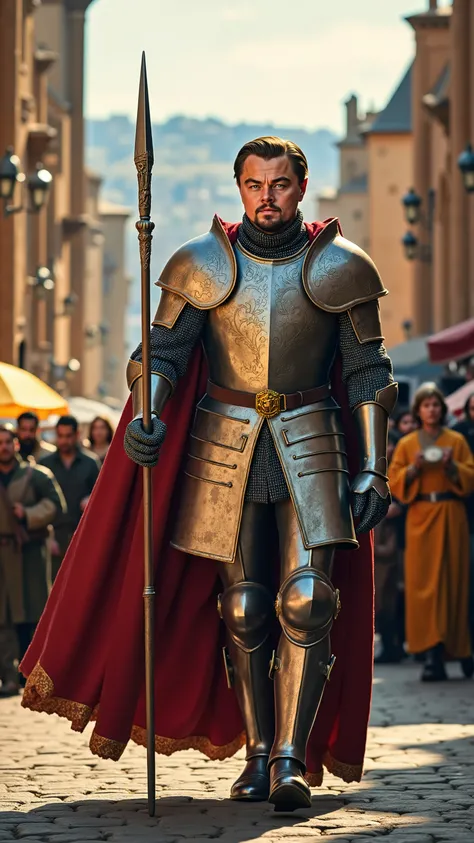 Leonardo DiCaprio as a knight walking and carrying a lance、dramatic atmosphere, 1 man、He has sharp blue eyes and slicked-back golden-blonde hair, with a few loose strands framing his strong jawline.
He wears a finely crafted suit of polished gold-trimmed...
