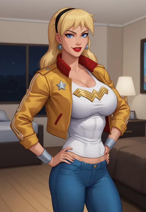 safe_pos, PonyXLV6_Scores BREAK (((parody style, parody:1.2)), perfect anatomy, cowboy shot) 1girl, blonde hair, blue eyes, ((looking at viewer)), hairband, gold bomber jacket, star earrings, gold jeans, curvy,  athletic, standing, hand on hip, indoors, be...