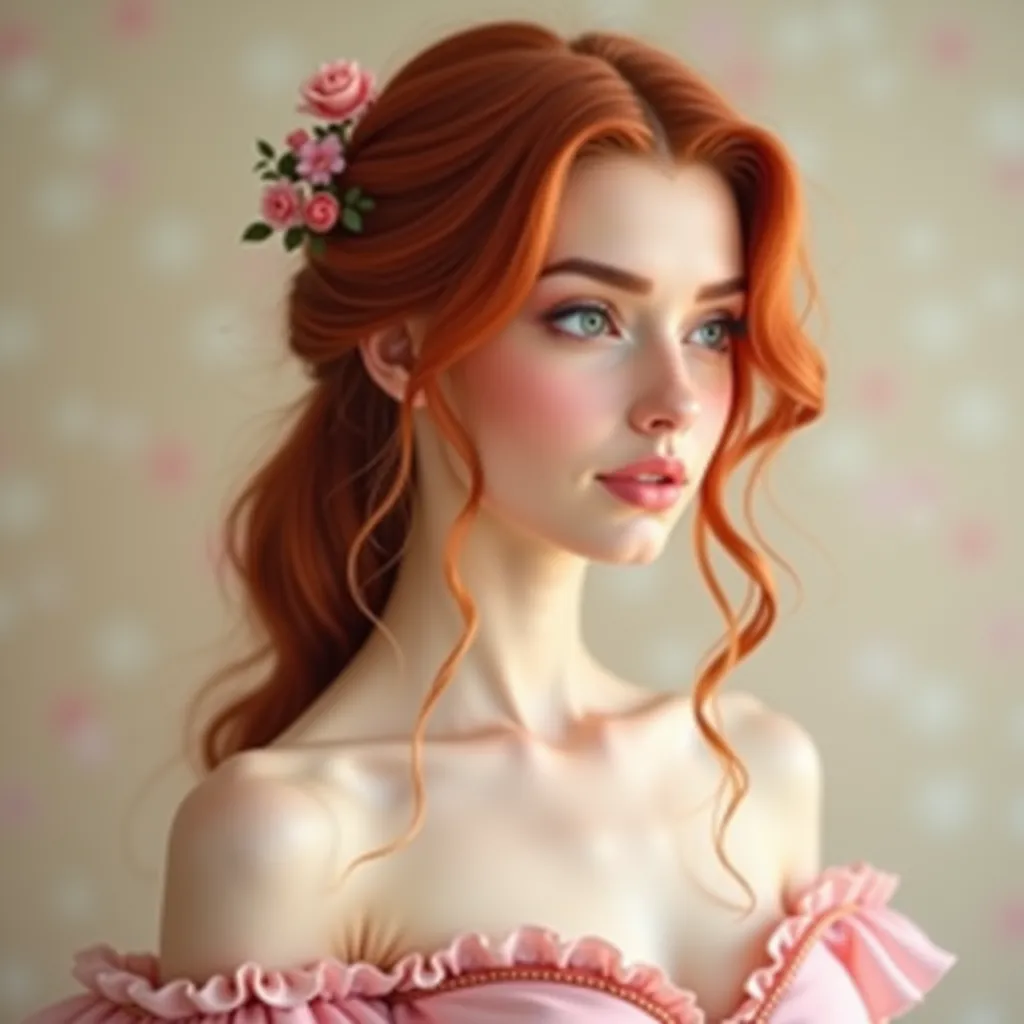 beautiful woman with red hair, fair skin, dreaming expression, youthful aura, soft lighting, serene background with pastel hues, graceful posture, delicate features, ultra-detailed, high quality, ethereal atmosphere, capturing the essence of youth and beau...