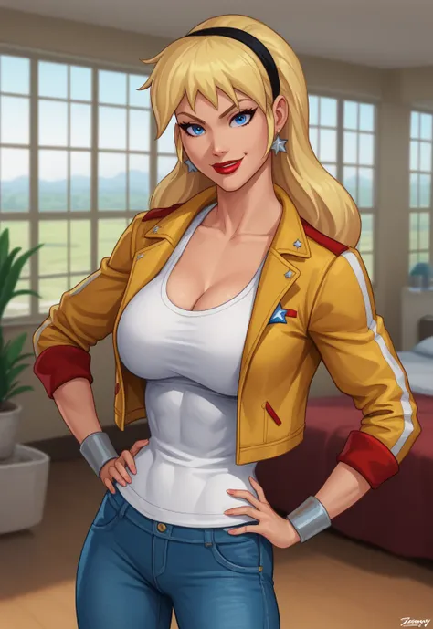 safe_pos, PonyXLV6_Scores BREAK (((parody style, parody:1.2)), perfect anatomy, cowboy shot) 1girl, blonde hair, blue eyes, ((looking at viewer)), hairband, gold bomber jacket, star earrings, gold jeans, curvy,  athletic, standing, hand on hip, indoors, be...