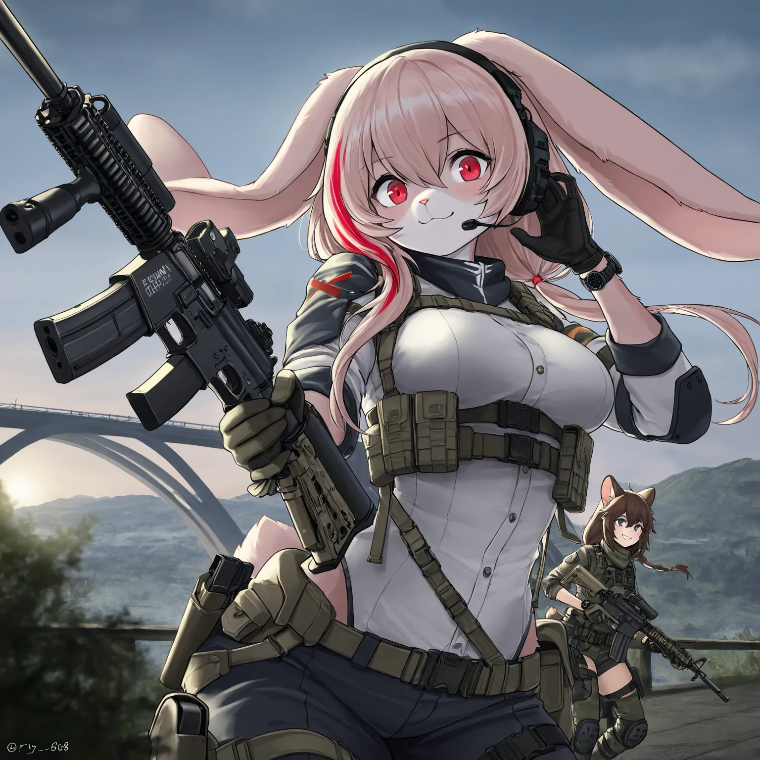 gun, 1girl, weapon, animal_ears, handgun, rabbit_ears, holding_gun, assault_rifle, watch, furry, holding_weapon, gloves, holster, magazine_(weapon), rabbit_girl, solo, long_hair, furry_female, pouch, rifle, anime girl with rifle in front of a bridge, m4 so...