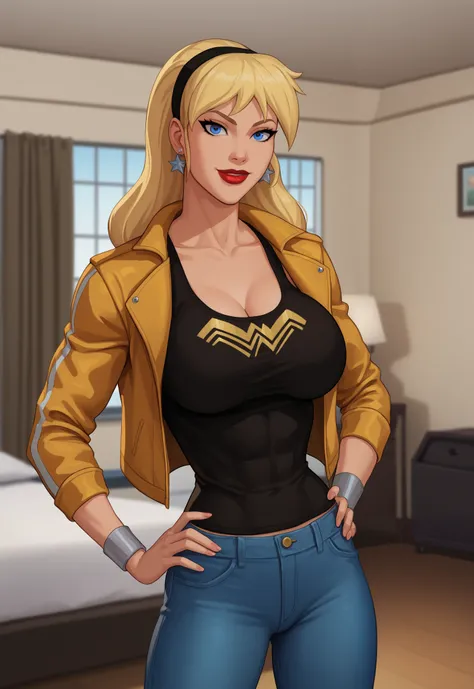 safe_pos, PonyXLV6_Scores BREAK (((parody style, parody:1.2)), perfect anatomy, cowboy shot) 1girl, blonde hair, blue eyes, ((looking at viewer)), hairband, gold bomber jacket, star earrings, gold jeans, curvy,  athletic, standing, hand on hip, indoors, be...