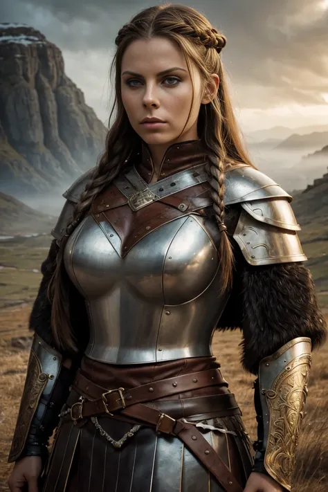 A professional, highly detailed portrait of Gianna Michaels as a fierce female Viking warrior, captured in stunning resolution. Her hair si partially braided with intricate patterns, and has bangs, and her expression is intense and determined. Her face is ...