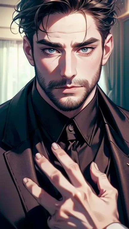 (  idiot,4K,8k,    highres,  masterpiece:1.2),  ultra-detailed,(Realistic,photoRealistic,photo-Realistic:1.37),36-year-old man,3 day beard,cute anime ,Portraits,strong,masculine,    dark hair,sharp jaw,        mesmerizing eyes        ,    perfectly combed ...