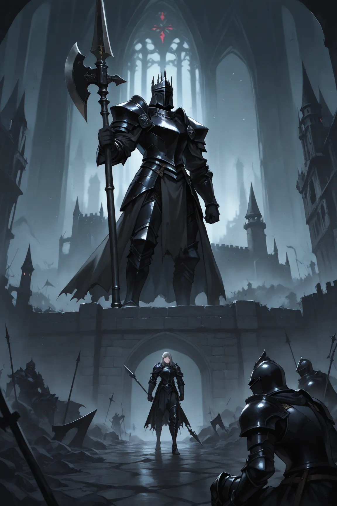 ,Gray Hair,black armor,Cool beauty,Ruined Castle,Black Knight, halberd