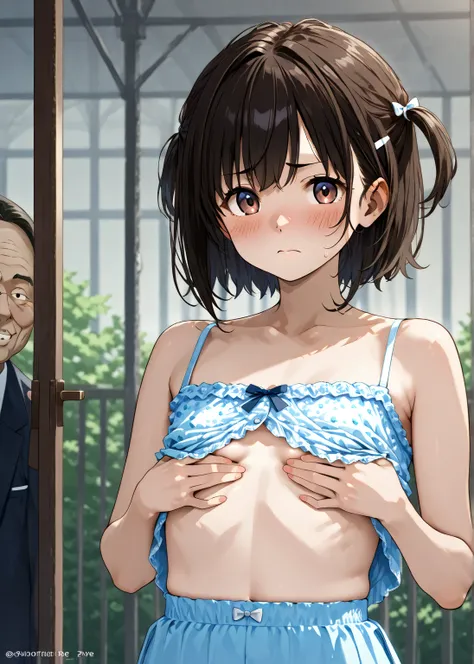 ugly old woman、Ugly Face、is thin、 flat chest、show your boobs、anime style illustration、 daytime park、