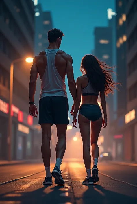 a tall man dressed in sports and a woman with long hair dressed in sports on an empty street at night