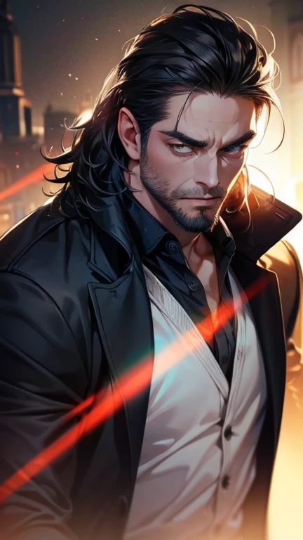 (    best quality,4K,8k,     highres,    masterpiece :1.2),    ultra-detailed    ,(Realistic,photoRealistic,photo-Realistic:1.37),36-year-old man,3 day beard,Beautiful anime,Portraits,strong,masculine,      with black hair  ,sharp jaw,         mesmerizing ...