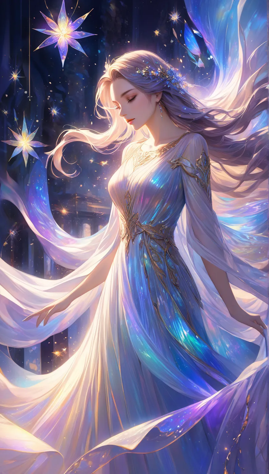 Art of a woman, but with a modern and softened hyper-realistic. young and beautiful in a fantasy setting, wear a long and modest dress with ethereal details. The iridescent fabric reflects magical lights in shades of blue, purple and gold, with small brigh...