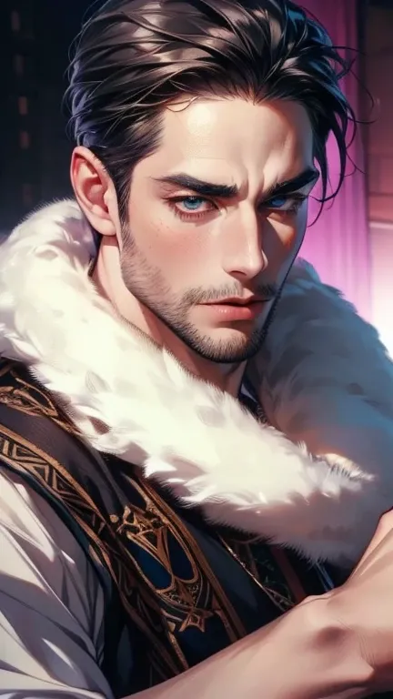 (    best quality,4K,8k,     highres,    masterpiece :1.2),    ultra-detailed    ,(Realistic,photoRealistic,photo-Realistic:1.37),36-year-old man,3 day beard,Beautiful anime,Portraits,strong,masculine,      with black hair  ,sharp jaw,         mesmerizing ...