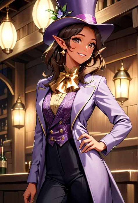 (masterpiece, best quality, 2k), solo, (female tiefling, pointed ears, tail), light red skin, beautiful body, sleek legs, brown hair , (((oversized shimmering light purple silk top hat))), (((shimmering light purple frock coat, long sleeved))), ( dark purp...