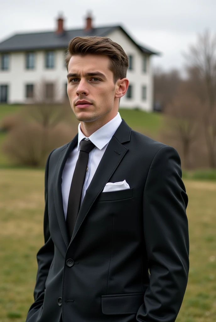 Create an ultra-realistic image of a young and handsome male man, who wears the elegant and characteristic clothes of a millionaire who poses for a photography section but who has a natural background like a house, Oh a landscape