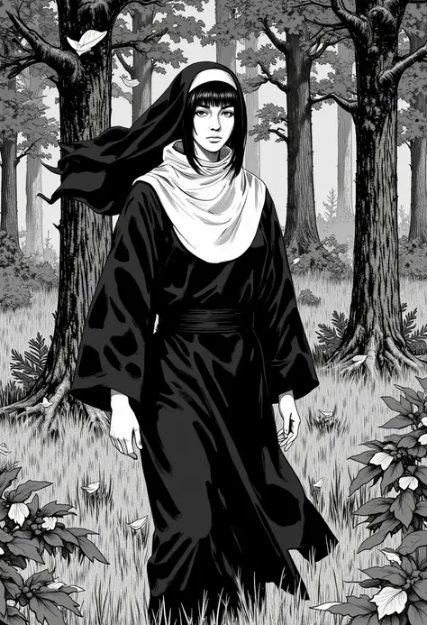 A nun walking in the forest , short black hair,  Nun's clothing, Grass floor, flying leaf, she is looking sideways, (black and white manga art style) 