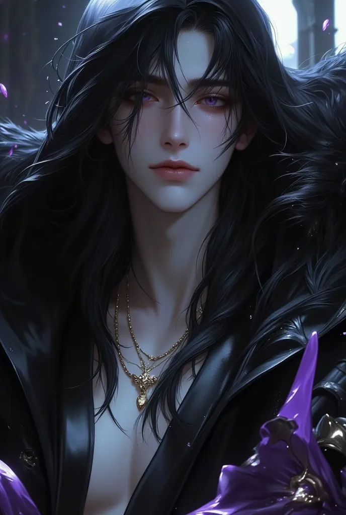 masterpiece,the best quality, newest, highres, handsome, beautiful, ethereal, man, mage, 27 years old, long black hair, thin, androgynous, coy smile, playful, purple eyes, long cloak, eccentric, colorful, solo