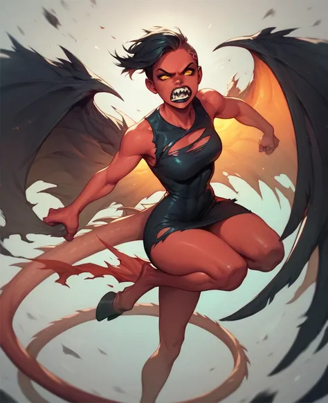 Humanoid creature, red skin, glowing orange eyes, sharp teeth, angry face, black lips, short black hair, sidecut, black wings, ripped black dress, black hooves, long tail