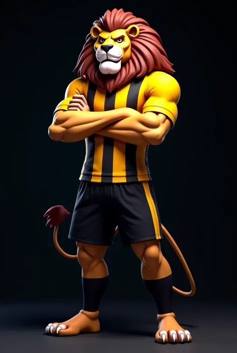 A digital illustration of a fierce lion mascot for an e-sports team. The lion stands confidently with its arms crossed, displaying a powerful and intimidating expression. It wears a striking yellow and black uniform: a yellow jersey with bold black vertica...