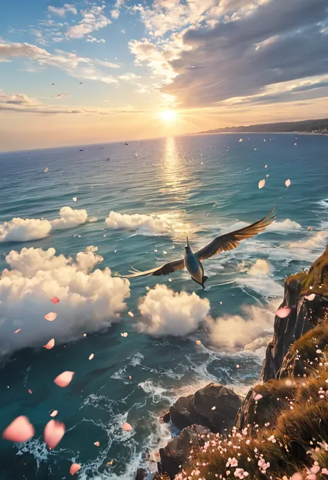 masterpiece, Highest quality, ( VERY DETAILEDCG Unity 8K Version) (Highest quality), ( best illustration), (Best Shadow) nature&#39, Blue Sea,Flying in the air々 colored delicate petals　 Light Tracking , very detailed
