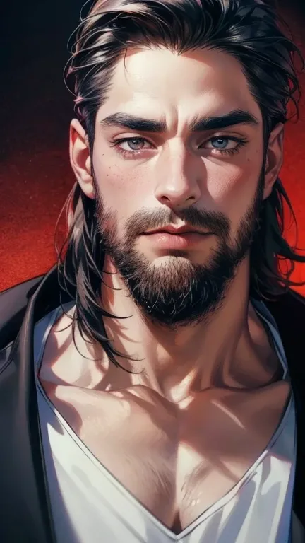 (    best quality,4K,8k,     highres,    masterpiece :1.2),    ultra-detailed    ,(Realistic,photoRealistic,photo-Realistic:1.37),36-year-old man,3 day beard,Beautiful anime,Portraits,strong,masculine,      with black hair  ,sharp jaw,         mesmerizing ...