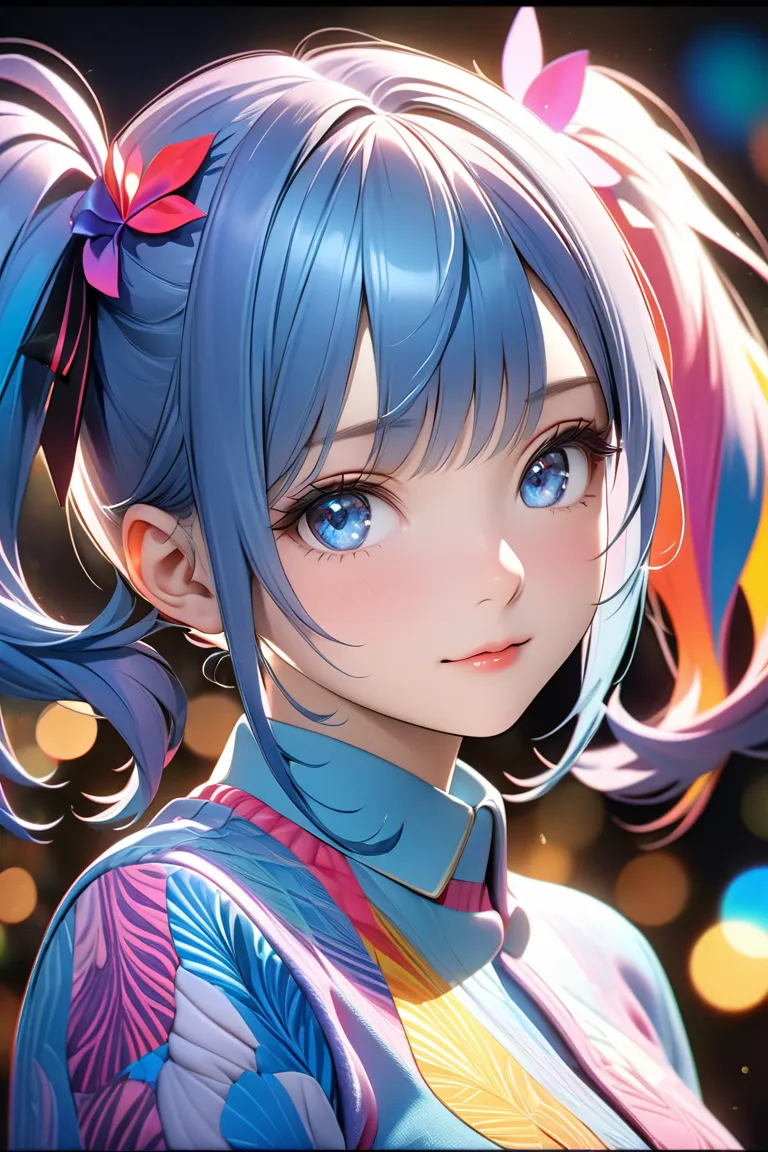 high quality abstract girl portrait、Blue Hair and Blue Twin Tails、 blue eyes、 cool expression 、composition expressed in abstract patterns、soft and fuzzy colors、professional finish、 Awards、Super Fine、 4K resolution、HDR、UHD、studio lighting、Extremely detailed...