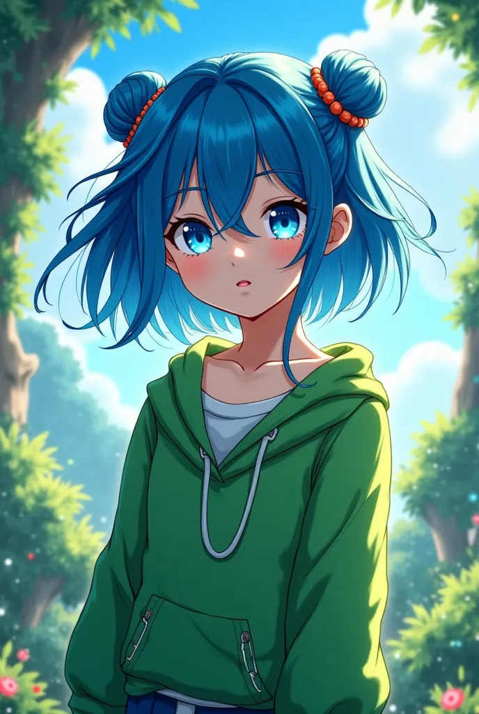 A ager of about  with litmus eyes, blue anime-style hair and wearing green clothes 