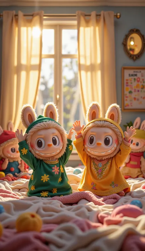 A group of colorful Labubu characters wearing traditional Muslim attire wake up excitedly in a cozy bedroom. Sunlight shines through the window, creating a warm morning glow. The room has soft, colorful blankets, and a Ramadan calendar on the wall. The cha...