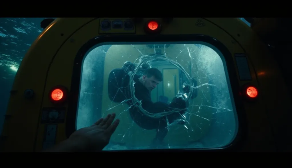 Underwater Terror - Submarine Scene 💀)

Scene: Jonas and his team are trapped in a mini-sub, desperately trying to escape as the Megalodon slams into it, cracking the glass.

Camera Angle: Inside the submarine, POV shot of the cracks spreading on the glass...